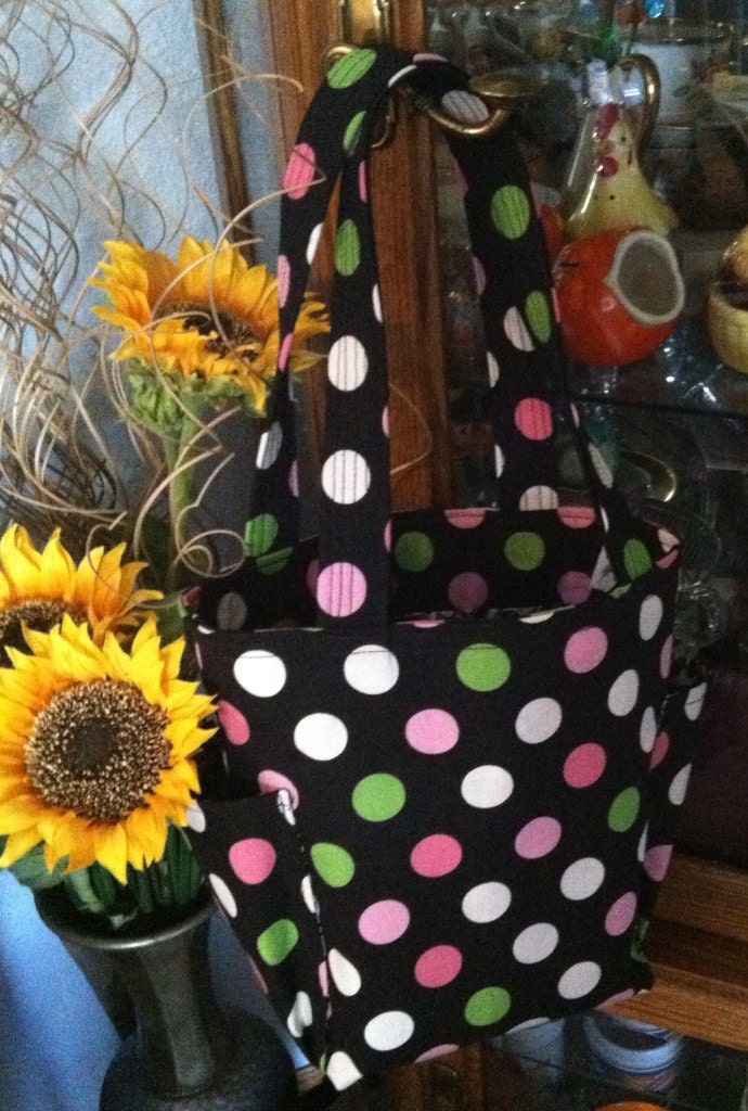 Black, Pink, Lime Polka Dot Purse / Tote Bag
