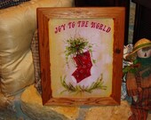 Custom framed solid cedar wood metal Christmas Joy to the World sign oak finish country rustic wall hanging display