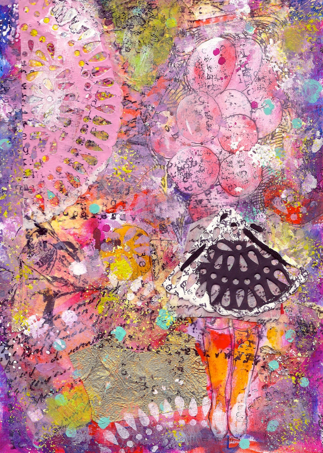 Modern Mix media painting collage and stitching with hand on paper with girl with pink balloons in yellow boots