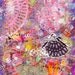 Modern Mix media painting collage and stitching with hand on paper with girl with pink balloons in yellow boots