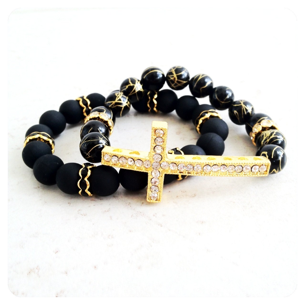 SALE - Midnight Onyx Set with Matte and Gold Vein Beaded Sideways Cross Bracelets