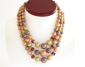 Vintage Necklace Triple Strand Necklace Mad Men Retro 1960s Faux Pearl Necklace Green Orange Gold Amber