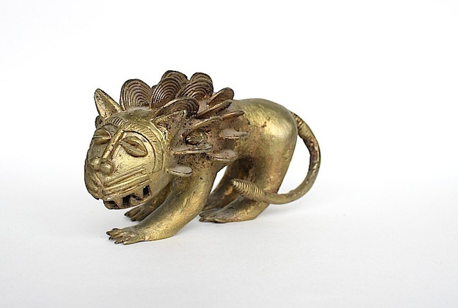 Vintage Brass Lion Sculpture Stalking Lion Figurine Primitive Statue