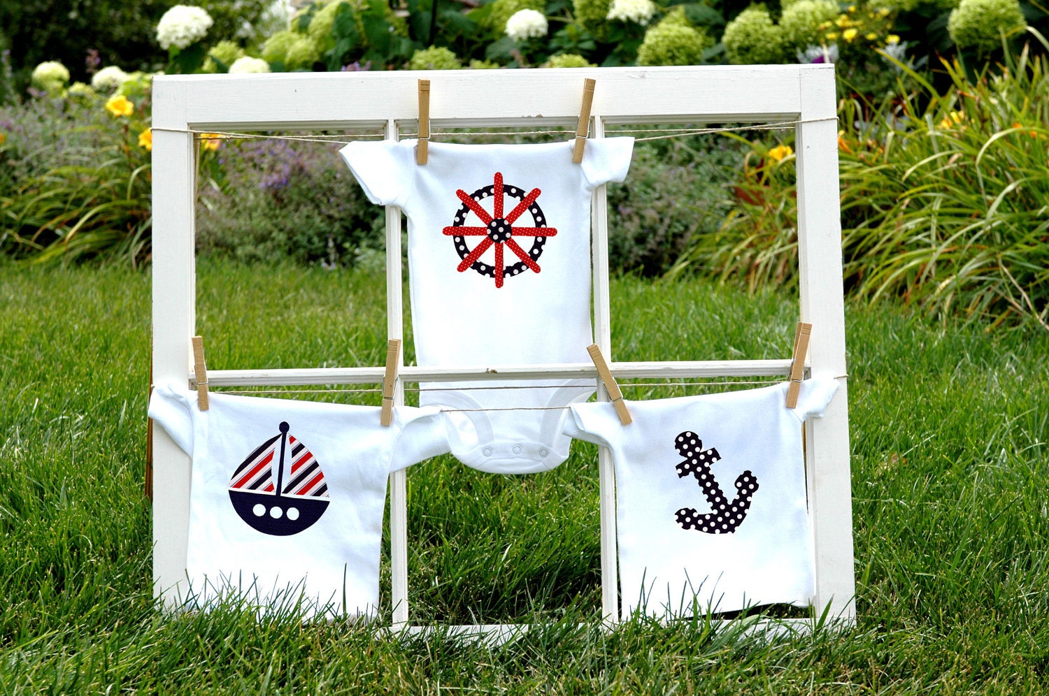 Nautical Collection of 3 Onesies - made to order sizes 3m, 6m, 9m, 12m, 18m, 24m - Long or Short Sleeve