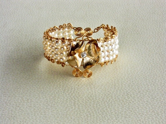 Gold Cuff Bracelet with Fresh Water Pearls