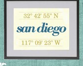 8 x 10 Poster - San Diego - City with Latitude and Longitude - Custom -Typography Wall Art Poster