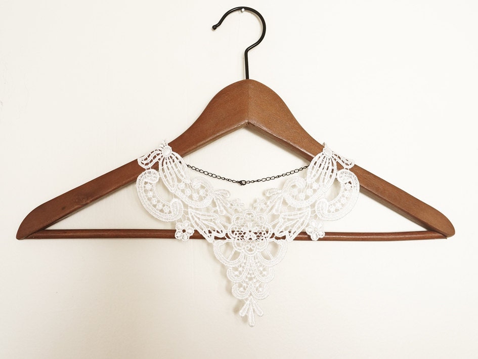 Reserved for Christina Tang- Handmade White Crochet Cotton Lace Collar Necklace Applique Pearl Chain Blouse Accessories