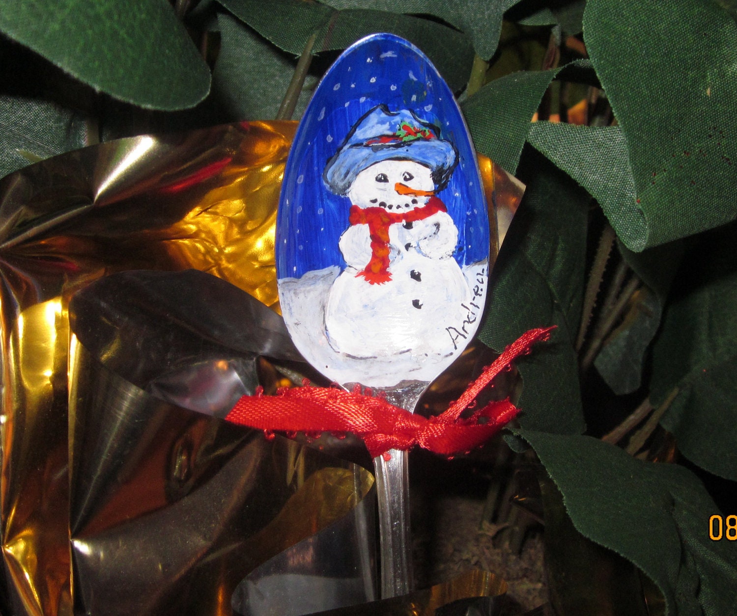 Repurposed Upcycled Snowman Handpainted on Vintage Silver Plate Spoon Plant Poke
