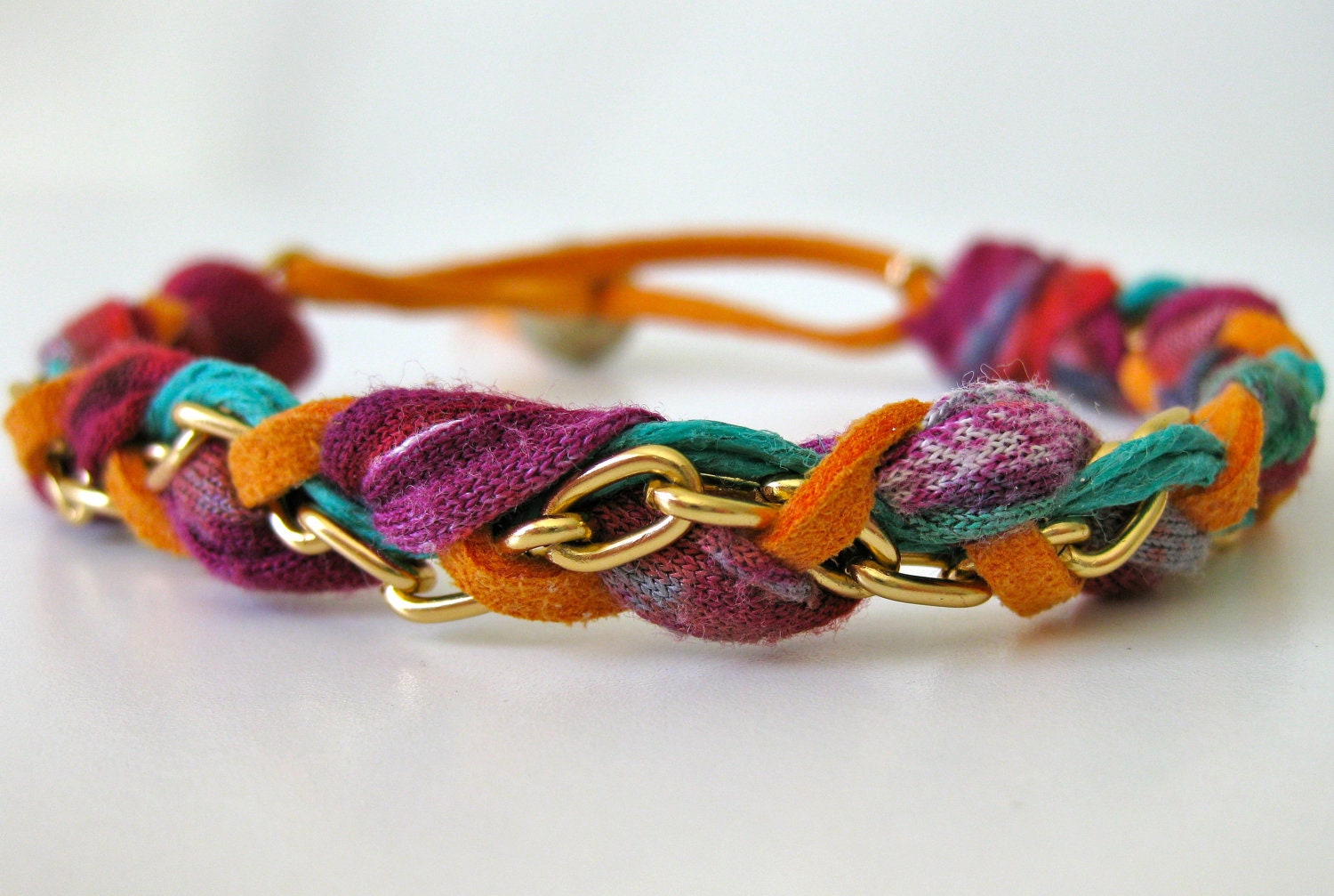 Bright Multi-Colored Fabric and Chain Bracelet