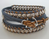 Silver beaded wrap bracelet with steel blue cotton cord