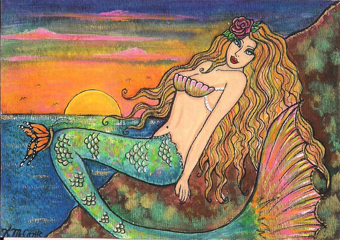 PRETTY Ocean Sunset Red Rose MERMAID Fantasy Butterfly Folk Art 4"x6" Art PRINT of original painting by K.McCants