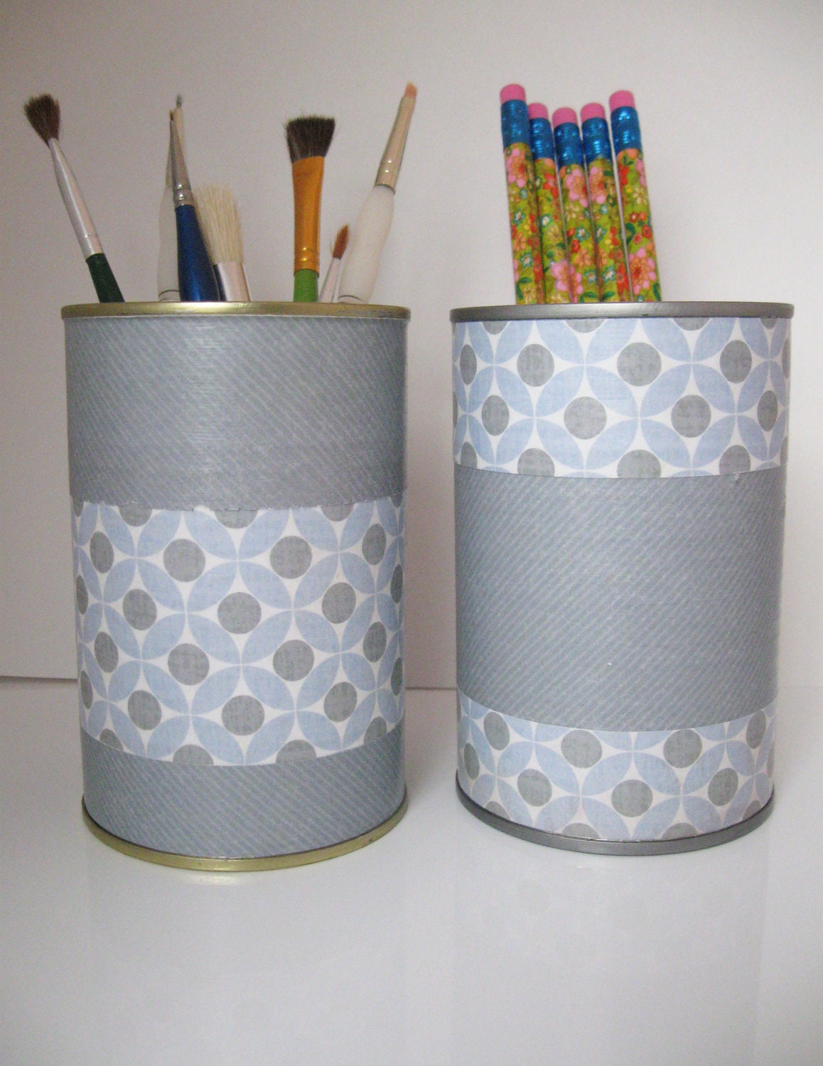 Upcycled Repurposed Tin Can Desk Accessories Pencil Brush Pen Holder Organizer Blue Gray Mod Style for Home Decor - BubbaAndToots