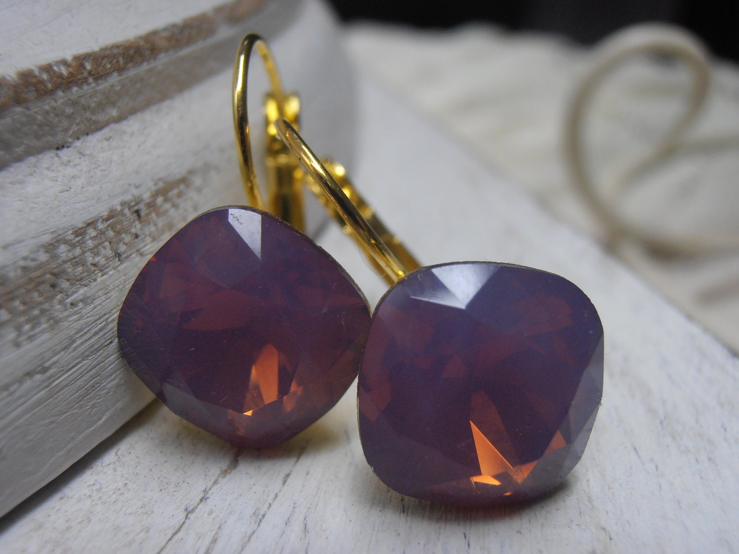 Cyclamen Opal, Swarovski crystal, 12mm Cushion/Fancy cut, Gold tone setting, dangle/drop leverback fashion earrings, jewelry