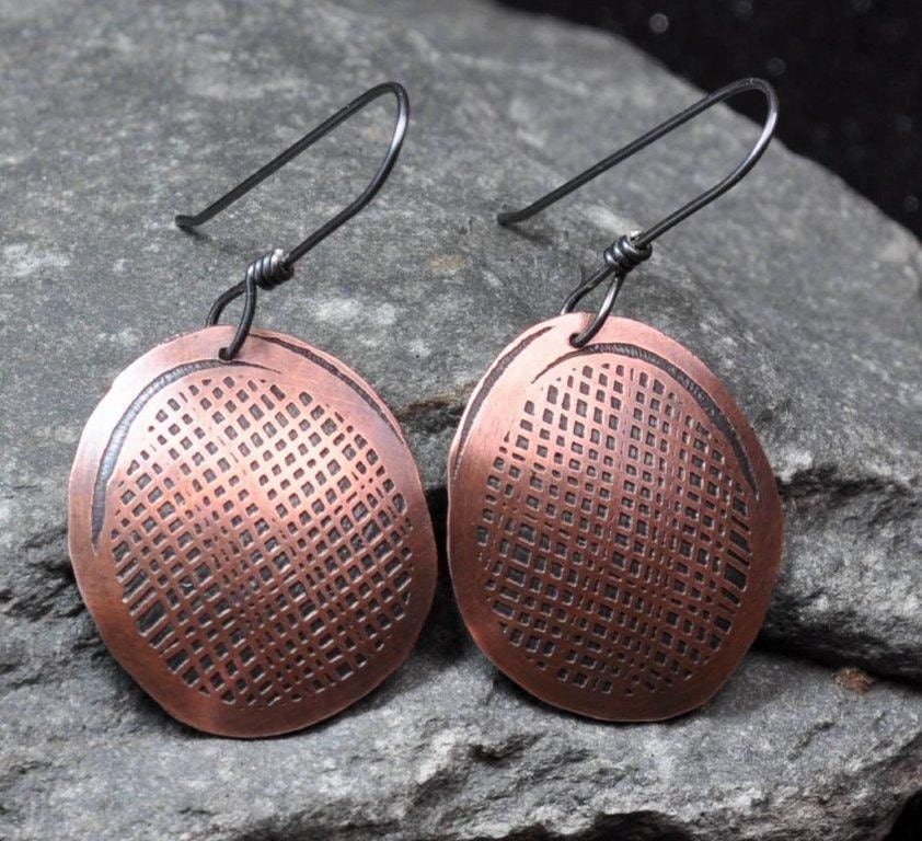 Modern Geometric Copper Earrings - Hand Fabricated - Sterling Silver Ear Wires