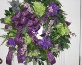 Spring/Summer or Home Decor Wreath With Purple Dahlias, Green Hydrangea and Pretty Pink Flowers