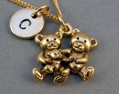 Teddy bear family necklace, three teddy bears, 24 yellow gold plated, initial necklace, initial hand stamped, Personalized necklace