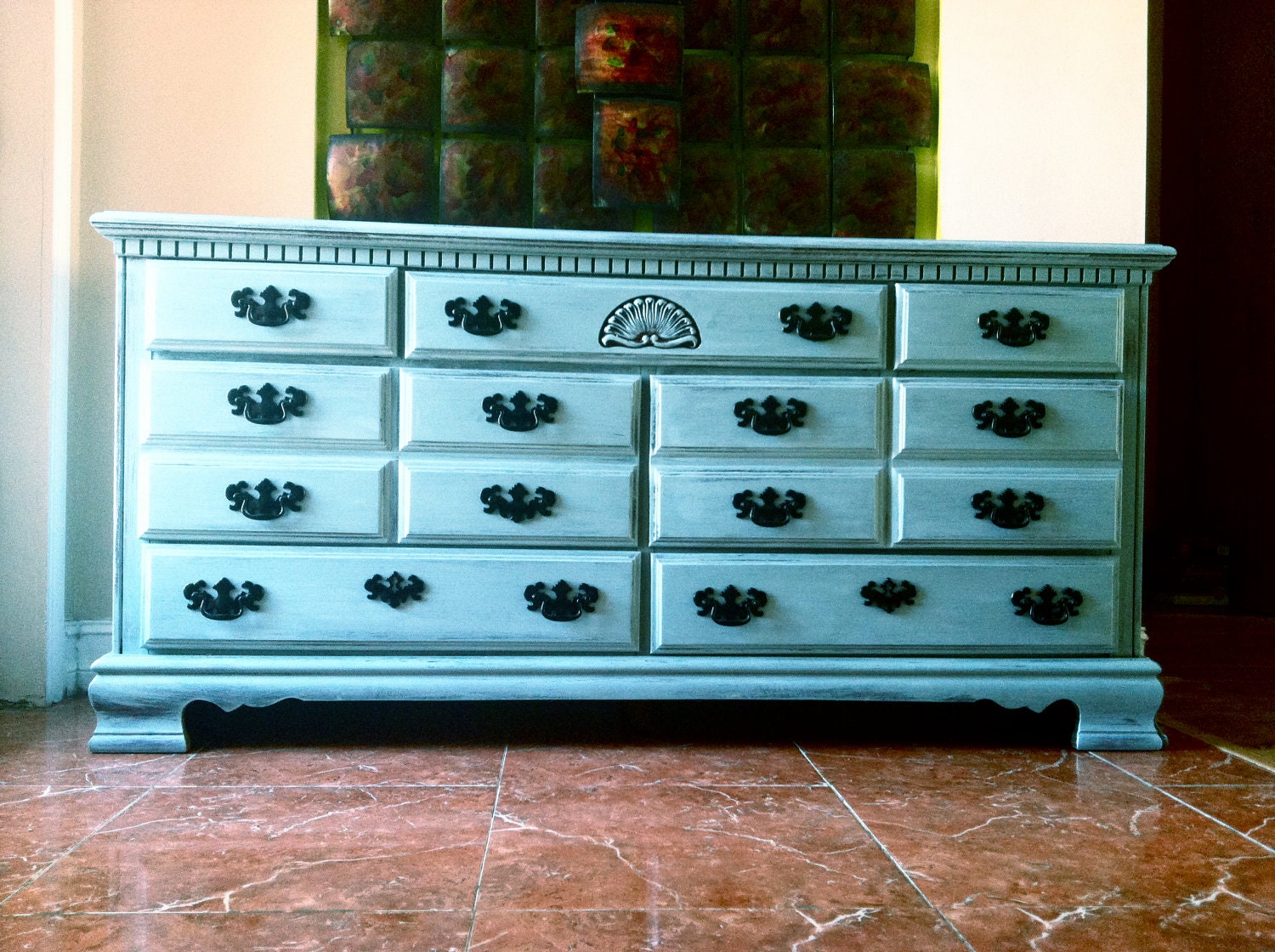 Embellished Light Blue 7 drawer large vintage dresser