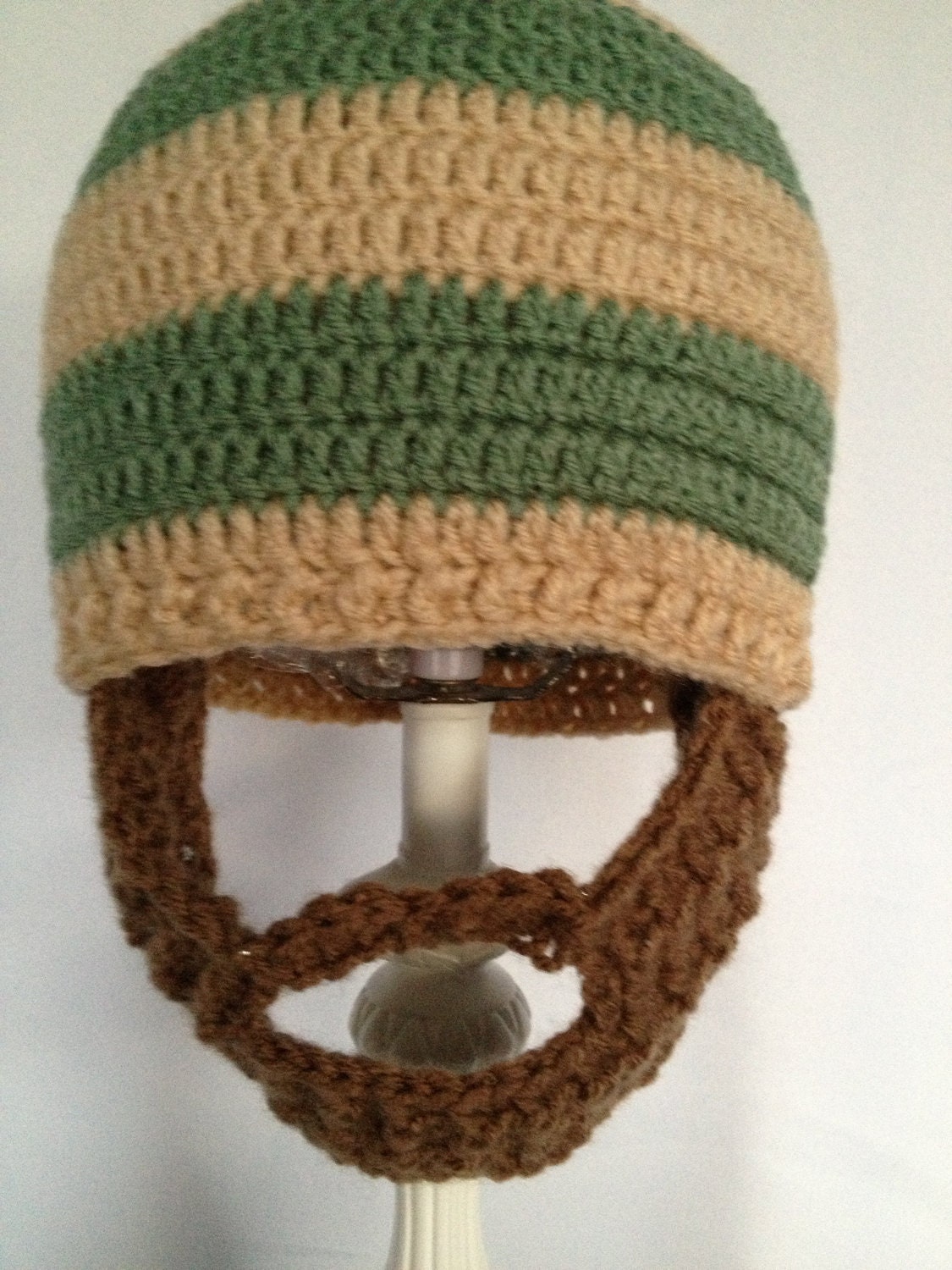 Crochet Beard Beanie , in style hat, green and tan striped beanie, please include the size in your order