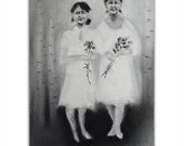 Two pixies - original tiny black and white ethereal pastel drawing from old photo / portrait card  by Liana Gaigal. Europeanstreetteam