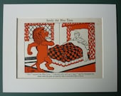 1950s Vintage Sandy The Blue Lion Print, Matted To Fit 9" x 7" Frame - Bed - Bedroom - Black & Red - Fantasy - Fairytale - Wild Animal