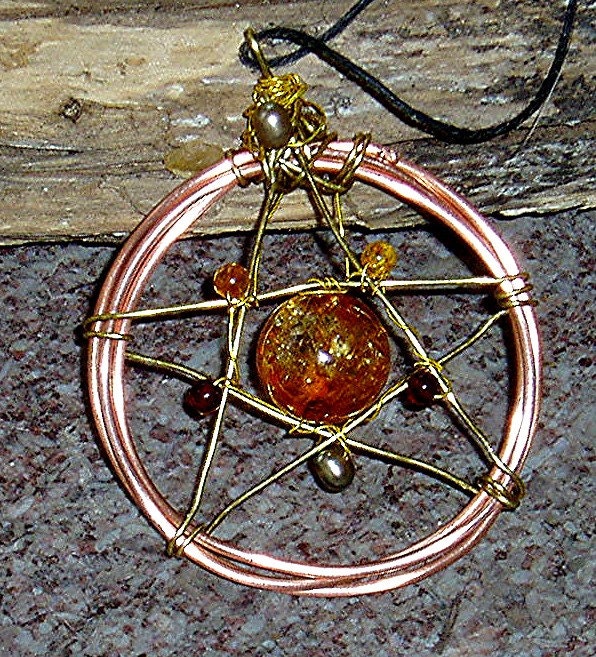 Magical Wire wrapped , Amber  pentagram pendant with gem stones- unique, Handmade