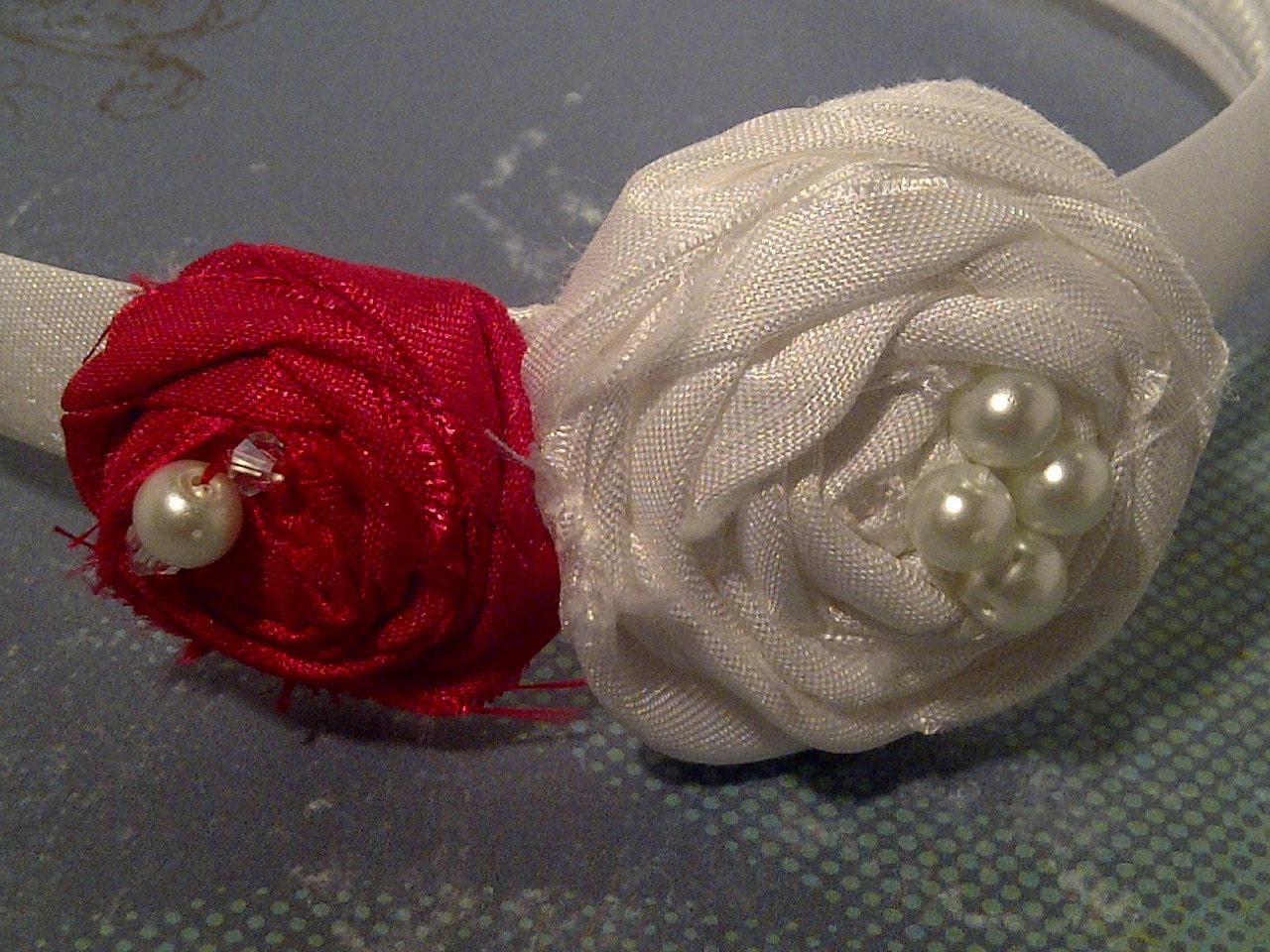 SALE - Red and White Satin Rosette Flowers Headband with Pearls - Wedding, Holiday, Special Occasion or Everyday Wear