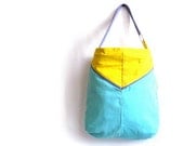 Large tote bag canvas shoulder bag travel bag color blocking bright neon yellow turquoise violet lilac shopping market school beach bag