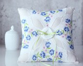 Ring Bearer Pillow, Floral Blue, vintage floral handkerchief with blue and green details