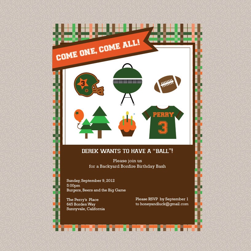Football Birthday Party Invitation Orange Green Brown Plaid Printable - Invites Digital File Customizable Jersey Name