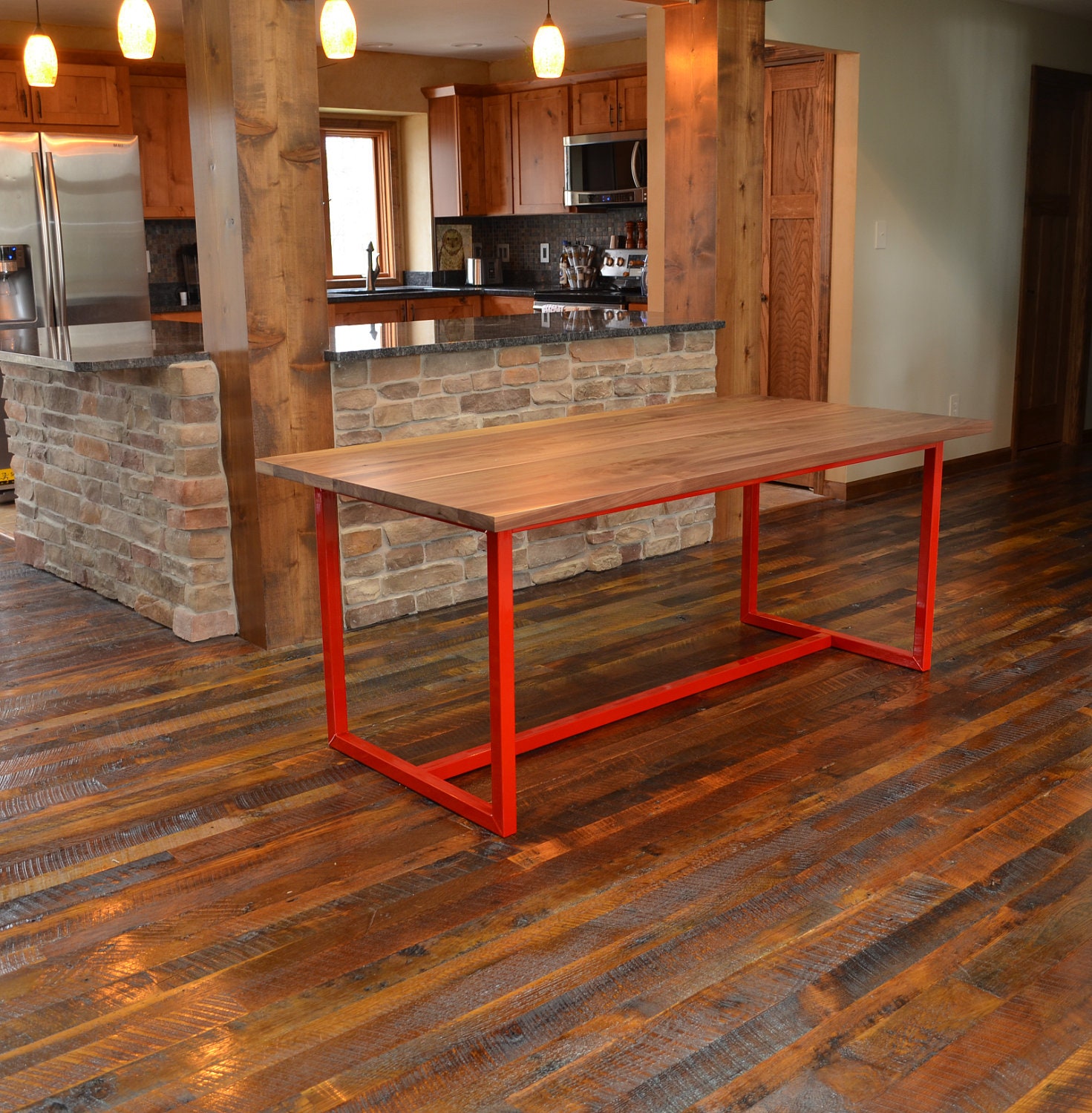 Dining Table 36" x 72" - Fire House Red Frame / Solid Walnut Table Top
