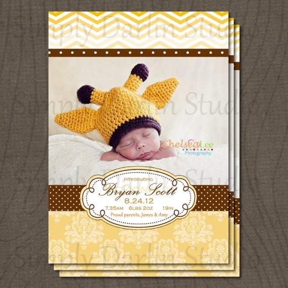 Buy evite announcements - DIGITAL Yellow and Brown Chevron Damask BABY Boy Birth Announcement with photo(s) You Print