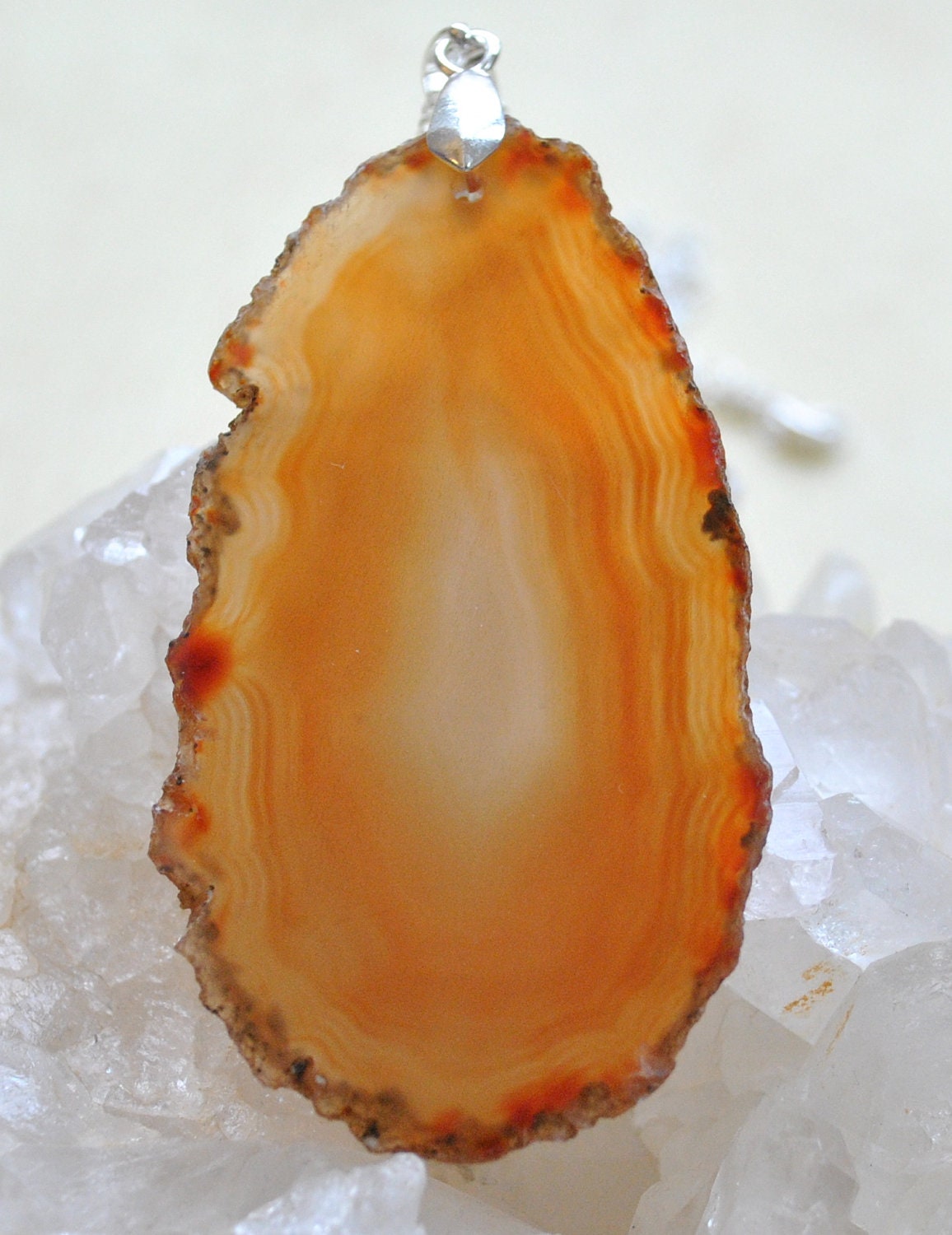 Agate Stone Necklace Pendant With Sterling Silver Bail Deep Orange Sun Burst Geode Boho Bohemian Jewelry