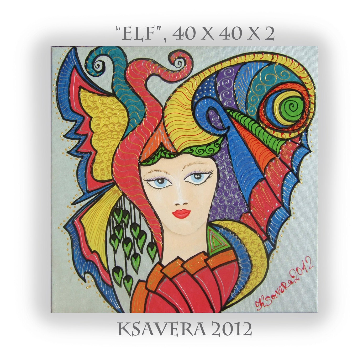 Acrylic Portrait Painting Fairy Art Nouveau KSAVERA "Elf Linda" 16x16 Original Silver artwork abstract expressionism