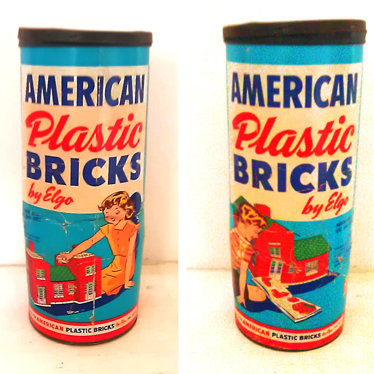 Vintage American Plastic Bricks Red Brick Building Blocks by Elgo Container Cardboard Tube Metal lid Packaging - EddiesShoppe