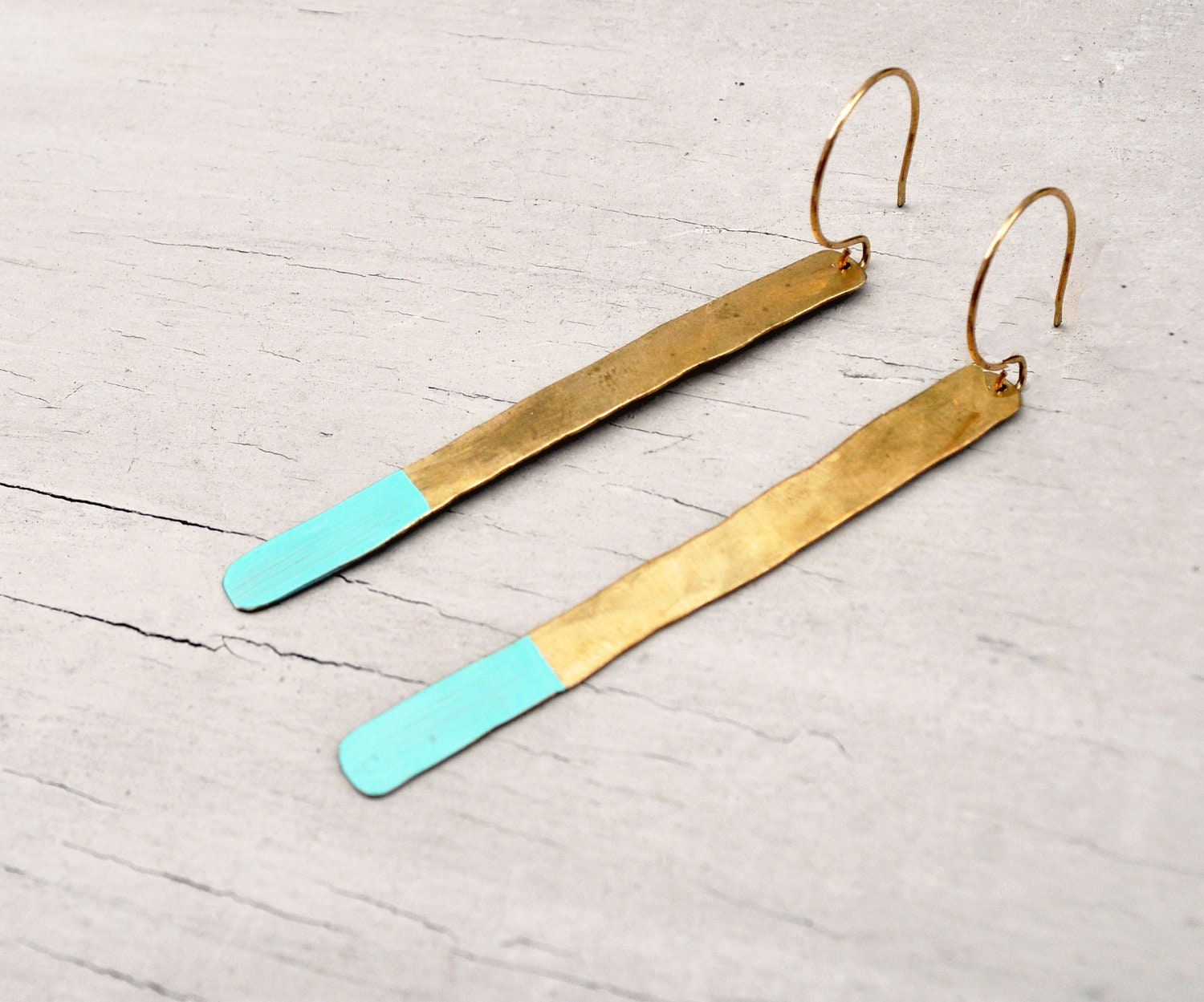 Dipped Branch Earrings- Hammered Brass, Hand- Painted Turquoise