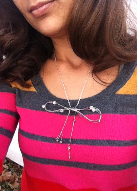 Silver Bow Necklace Crystal Pink Beads and Gold Ends Funky Upcycled Handmade Unique Guitar String Jewelry - Great Gift Idea for Anyone