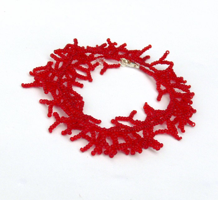 Red Bracelet. Handmade Bracelet Beadwork. Beaded Handmade Jewelry