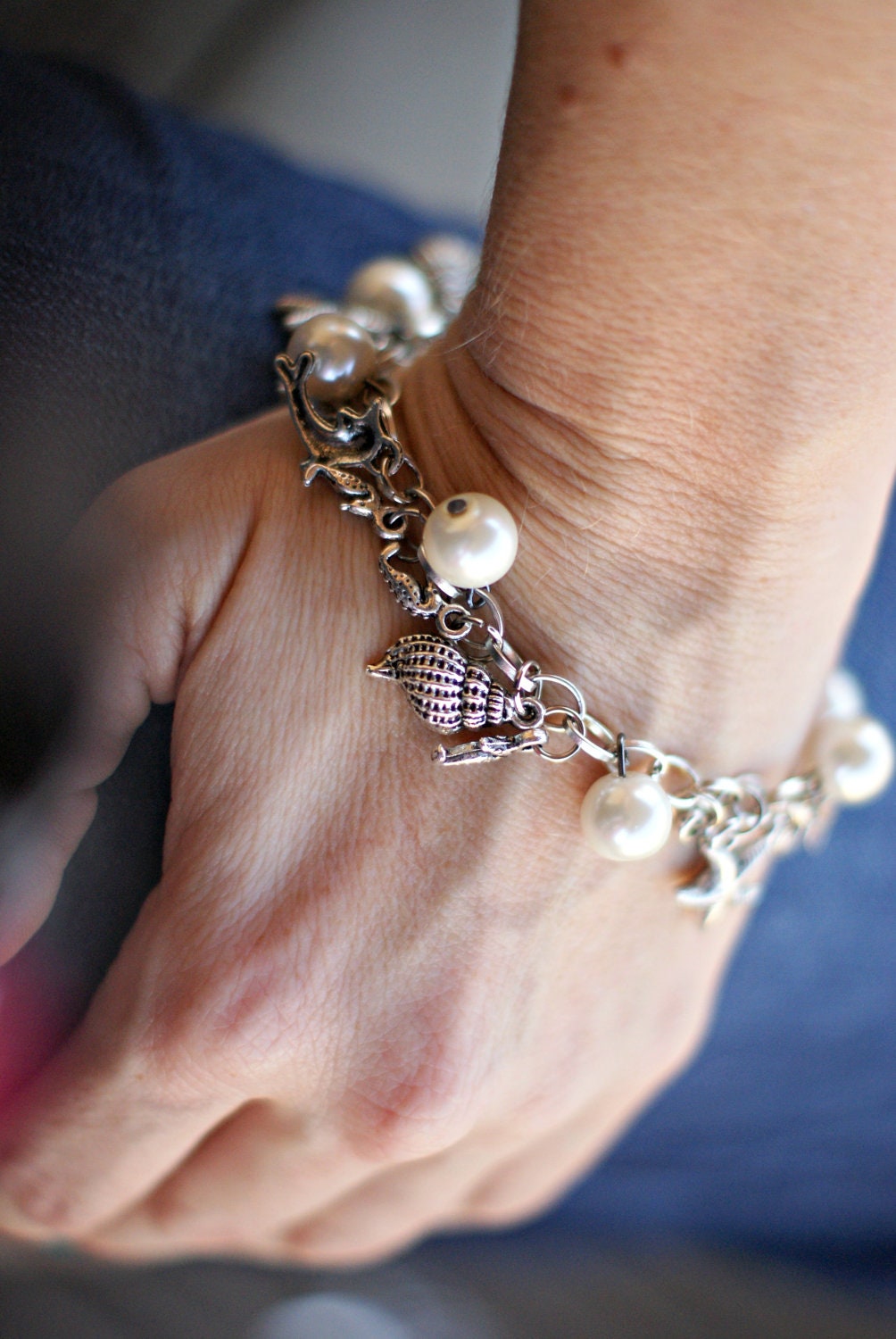 Sea Life Charm Bracelet w/ Faux Pearls, Conch Shells, Sea Horses, Star Fish and Dolphin Charms