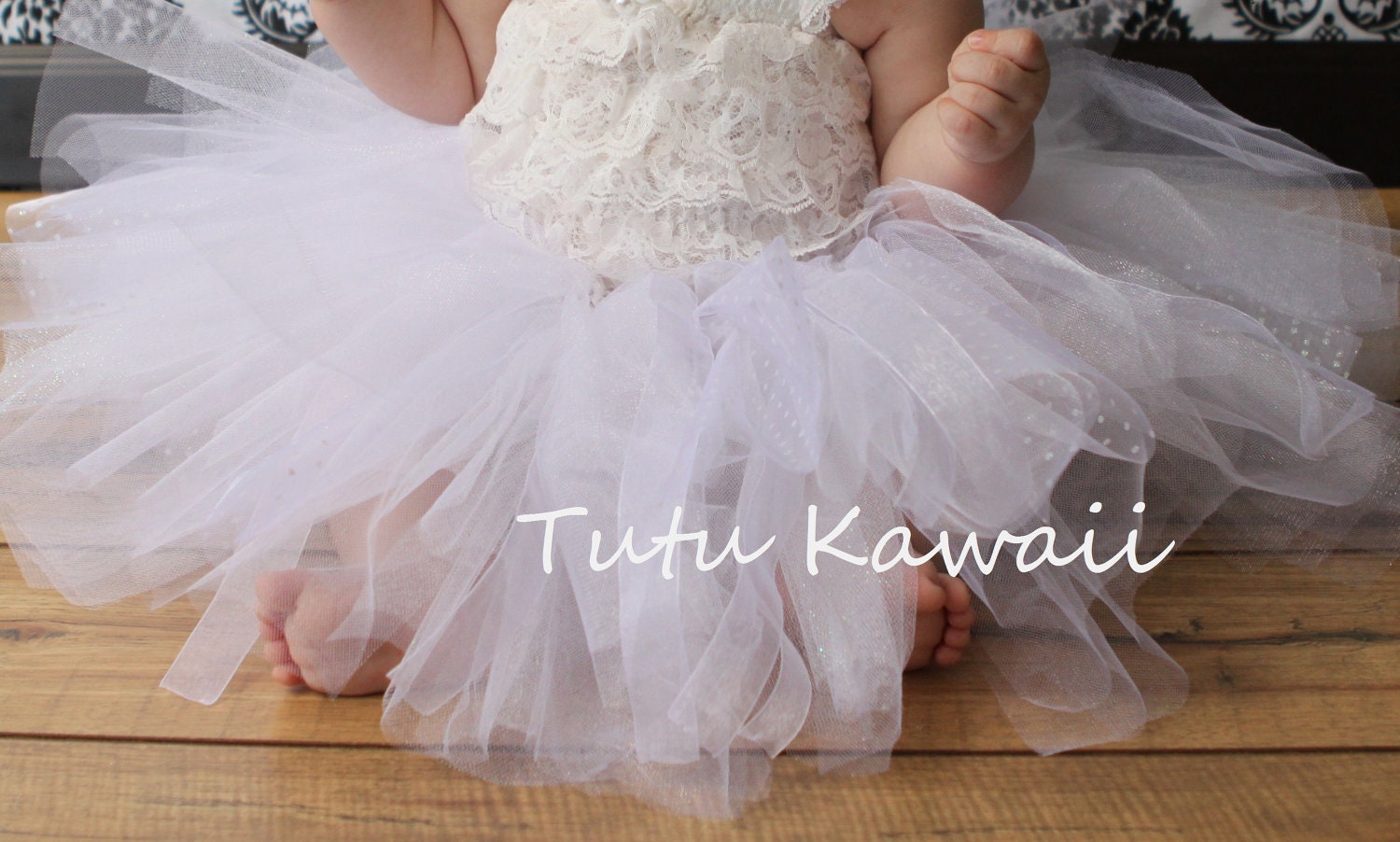 4pc-White Winter Wonderland Glitter Organza Ribbon Infant Tutu with Matching Lace Petti Romper, 2 Flower Headbands, 0-3T