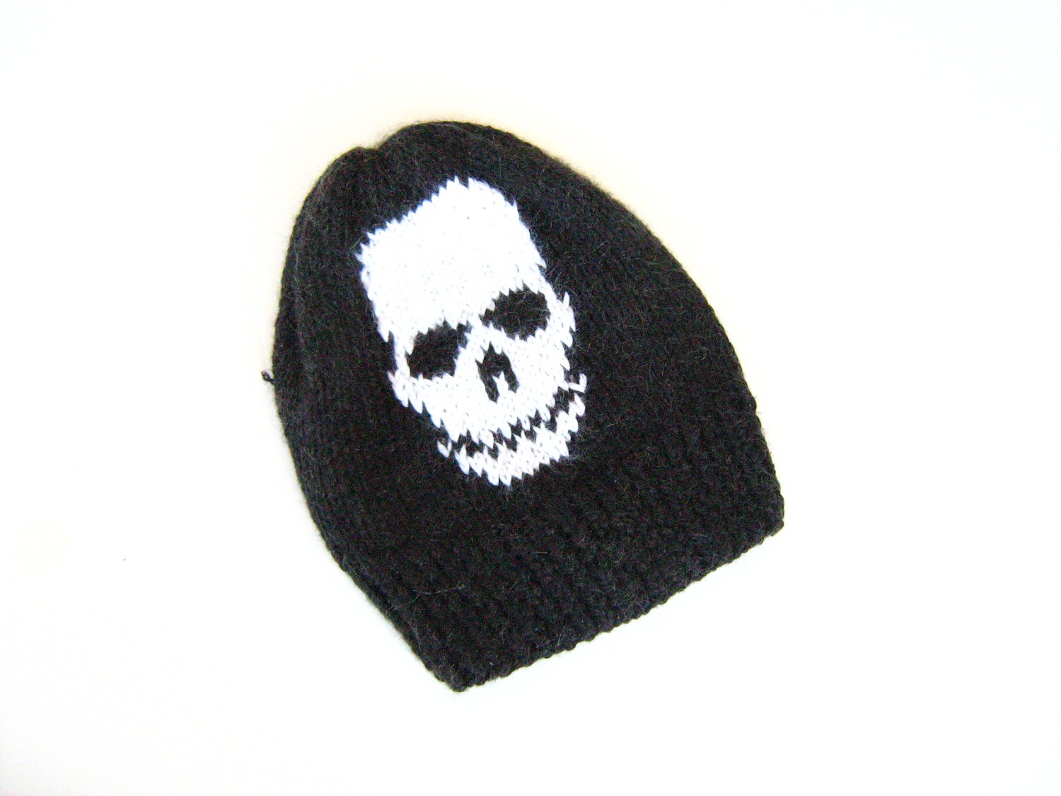 Knit hat, unisex ,moher yarn, skull pattern, black, white, christmas.
