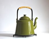 Olive Green Enamel Tea Pot Kettle - TheWrinklyElephant