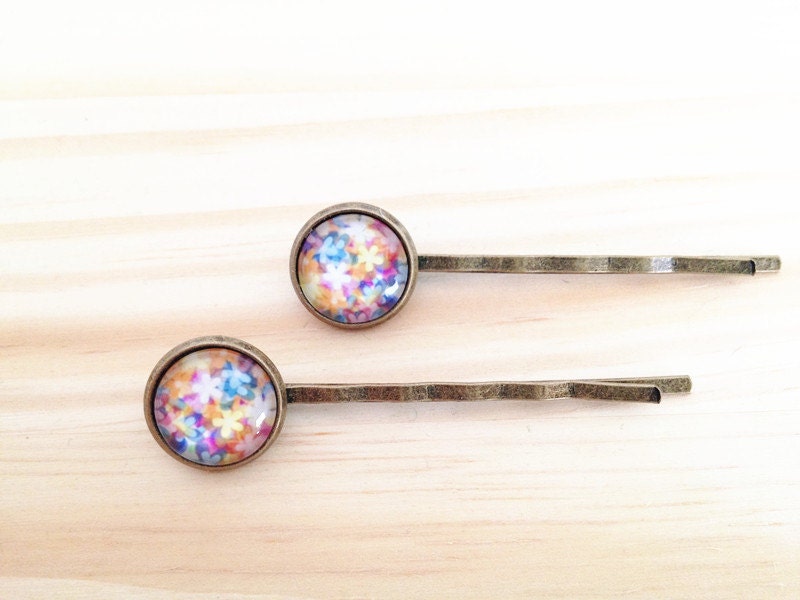 Bobby Pin - Colorful Blossom-  Handmade, 12mm Glass Cabochons, Hair Clips, Vintage Bronze, Gift for Her, Girlfriend