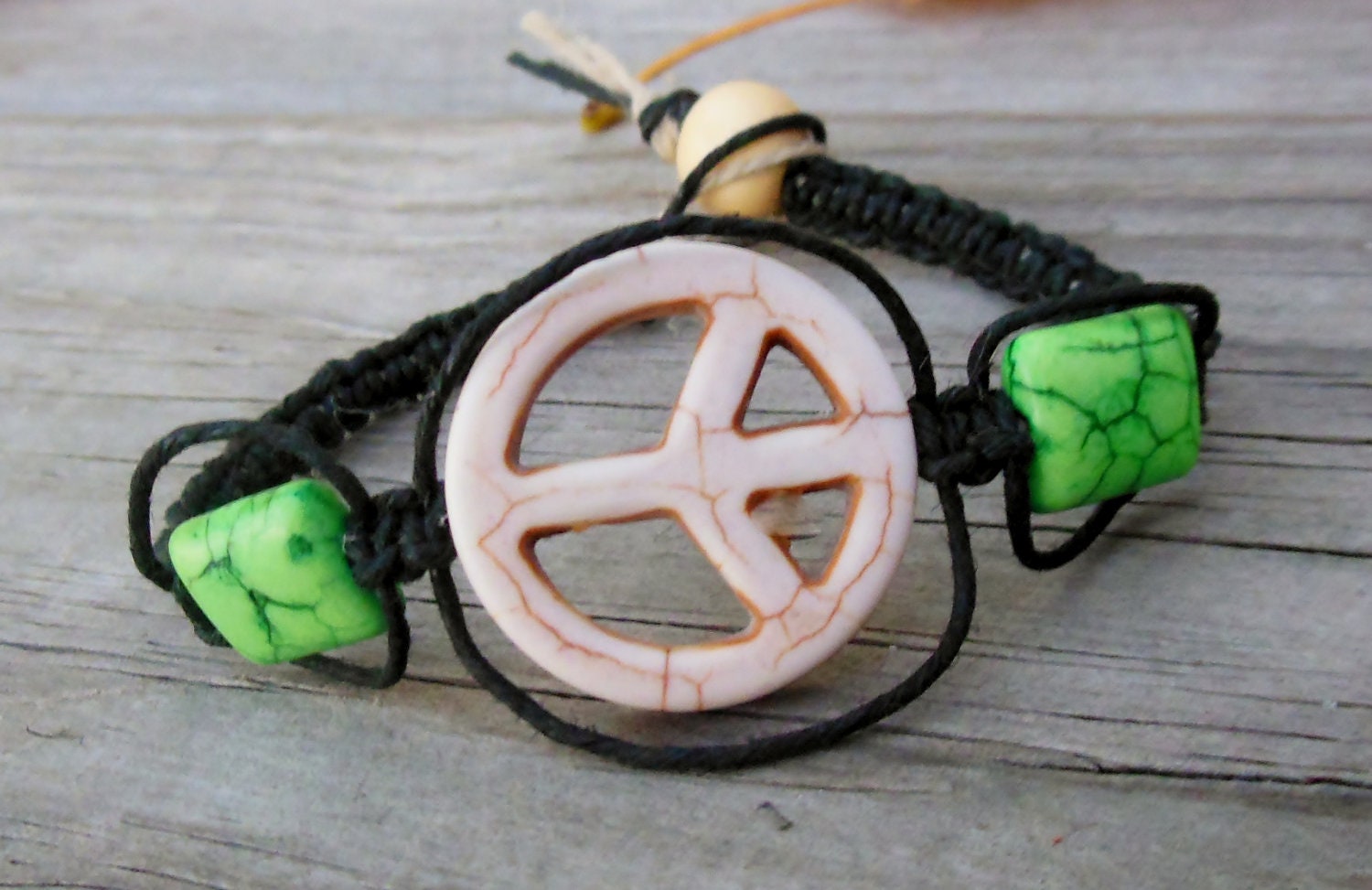 White Eco friendly peace sign hemp bracelet Jewelry