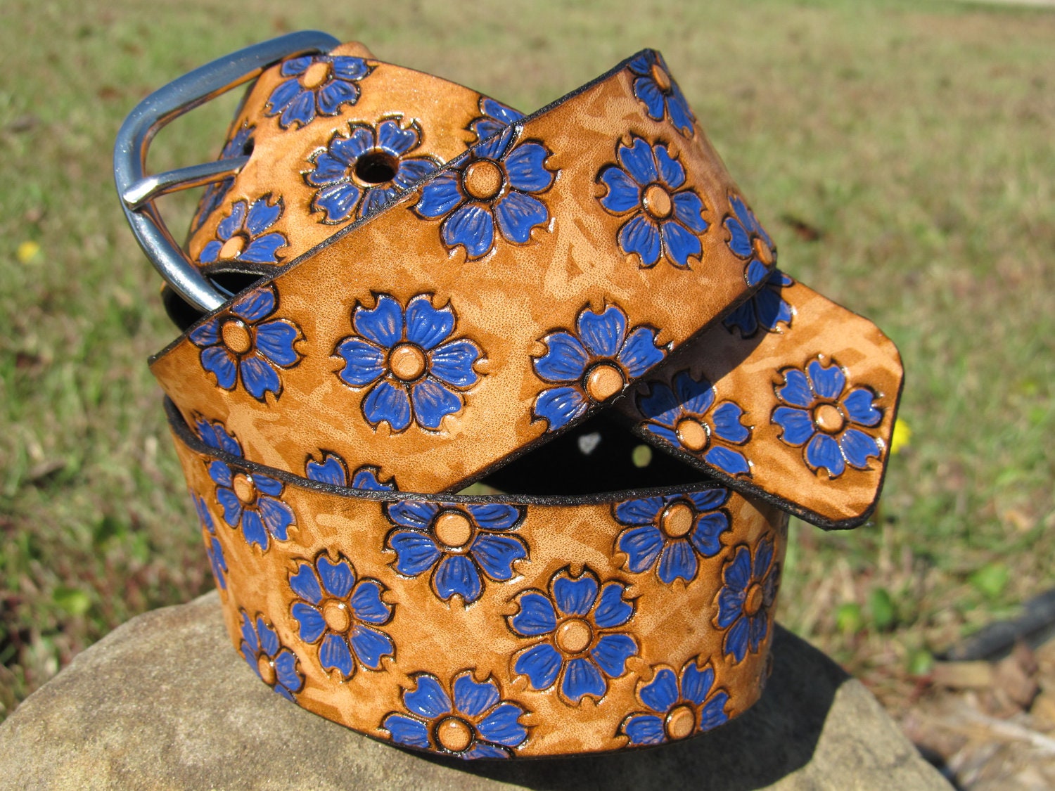 Hand Painted Leather Two Tone Tooled Wide Belt - Blue Flowers - Adult and Kid sizes