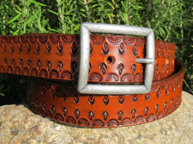 Tooled Leather Belt - Brown or Black - Men or Womens - Detailed Pattern