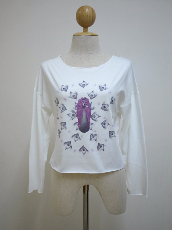 Beauty of Peacock  : The Attractive Bird Animal Crop Top Tee White Long Sleeve T-Shirt Screen Print Cotton