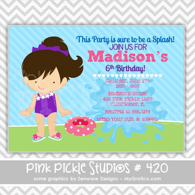 Pool Party Girl 4 :420 ... Personalized Birthday Party Invitation OR Thank You Card ...Printable / Digital / You Print / DIY / jpg or pdf