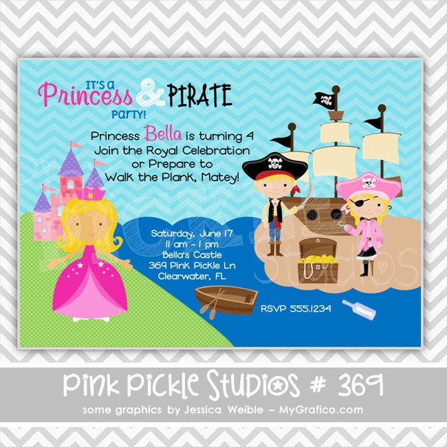 Princess & Pirate :369 ... Personalized Birthday Party Invitation OR Thank You Card ...Printable / Digital / You Print / DIY / jpg or pdf