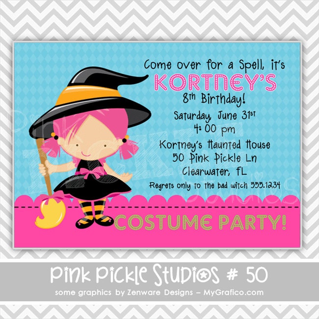 Friendly Witch  :50 ... Personalized Birthday Party Invitation OR Thank You Card ...Printable / Digital / You Print / DIY / jpg or pdf