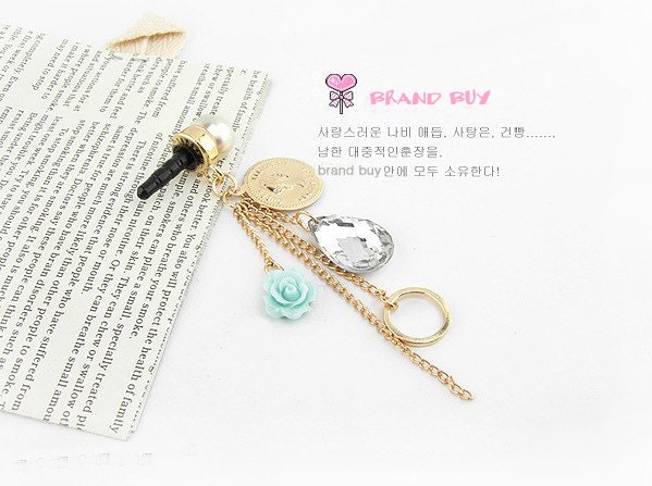 Earphone Jack Accessory Blue Resin Flower Coins Crystal Pearls/Dust Plug/Ear Jack For Iphone 4 4S/iPad/iPod Touch/Other 3.5mm Ear Jack